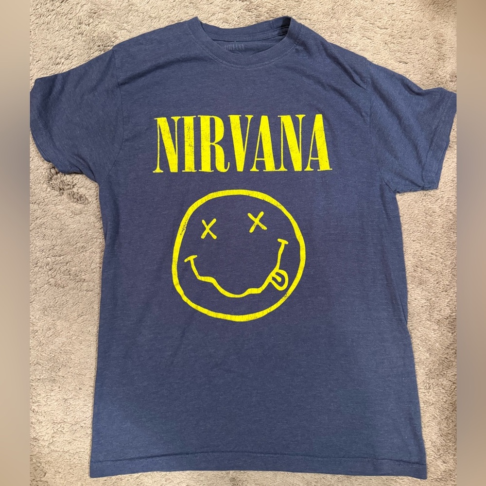 Nirvana Smiley Face Graphic Tee | Navy Yellow Band Tee | Grunge Rock | L |